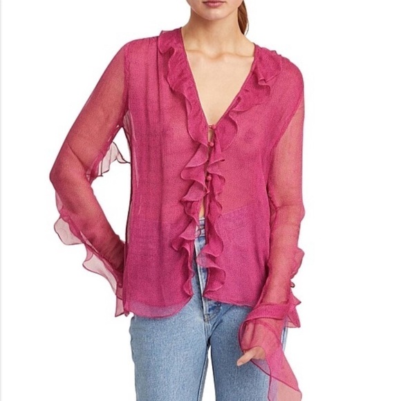 {8} Bec + Bridge Pink Party Shirt Ruffle Button Sheer - Picture 1 of 12